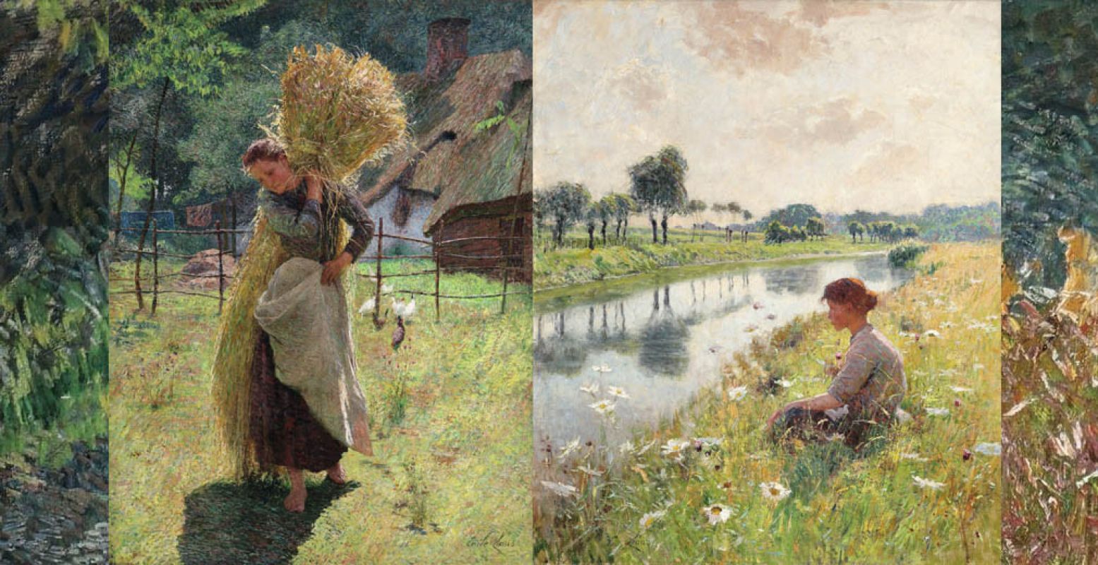 Links: De hooister, Emile Claus (1896). Rechts: Meisje aan de Leie, Emile Claus (1892).