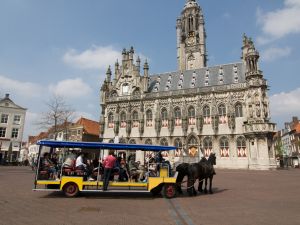 Paardentram voor het mooie stadhuis van Middelburg. Foto: Stalhouderij Labrujere-Boone
