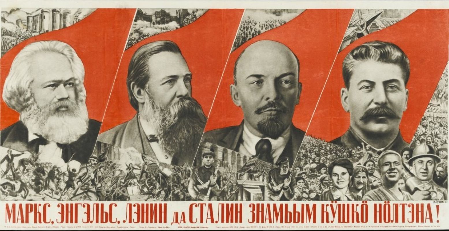 Gustav Gustavovich Klutsis - Marks, Ã‰ngél's, Lénin da Stalin znam''im küshkö nölténa! / Hijs de vlag van Marx, Engels, Lenin en Stalin!, 1936. Beeld: © Stedelijk Museum Amsterdam