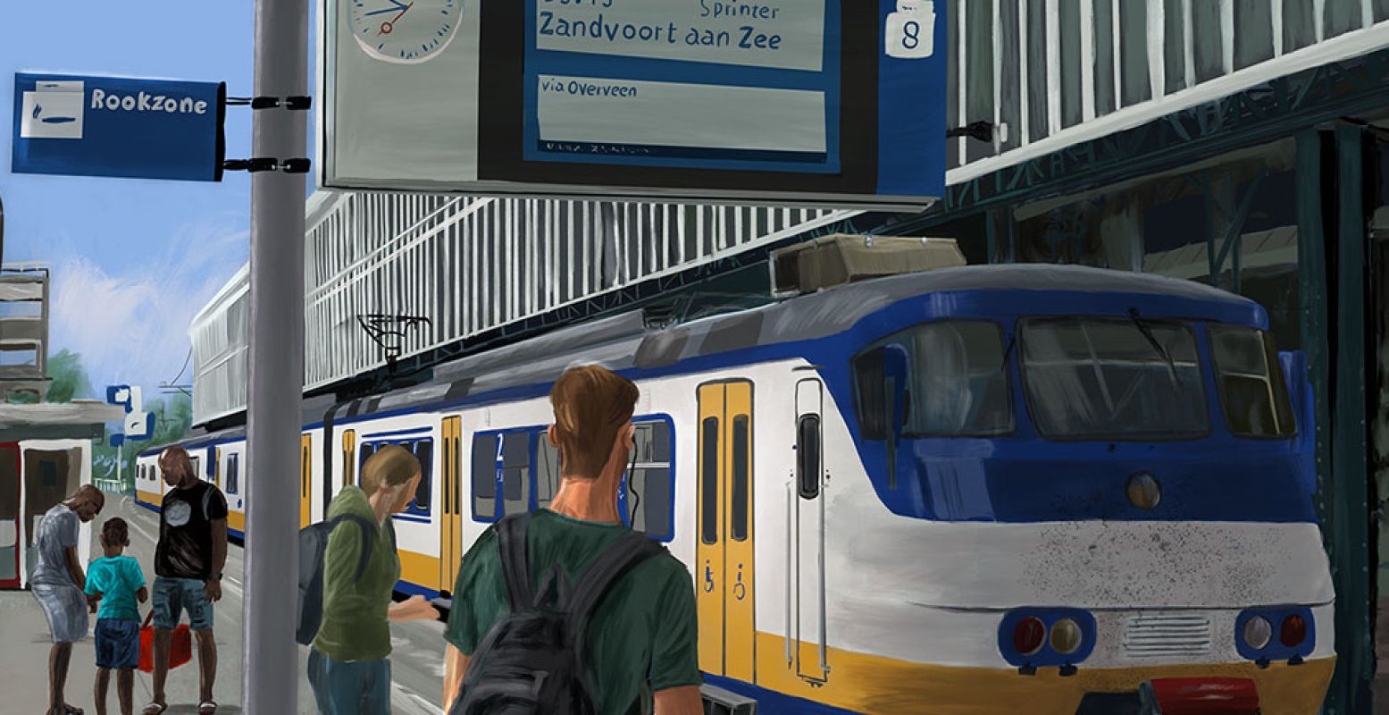 Het treinstation in Haarlem. Gekropt voor DagjeWeg.NL. Foto: schilderij van Stefan de Groot