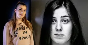100 portretten als stille aanklacht tegen pesten Eén van de jongeren die te zien zijn in de tentoonstelling is Iris, hier naast haar portret. Foto: Jean-Pierre Geusens in Centre Céramique