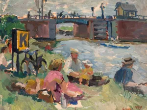 Hans Bayens, Picknick aan de waterkant, 1949, olieverf op board. Foto: C.A. Boon Fotografie
