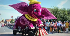 Sluit de zomer af met een fleurig bloemencorso Prachtige wagens komen langs in Winkel. Zoals hier het olifantje van een voorgaand jaar. Foto:  pewinieuws.nl 