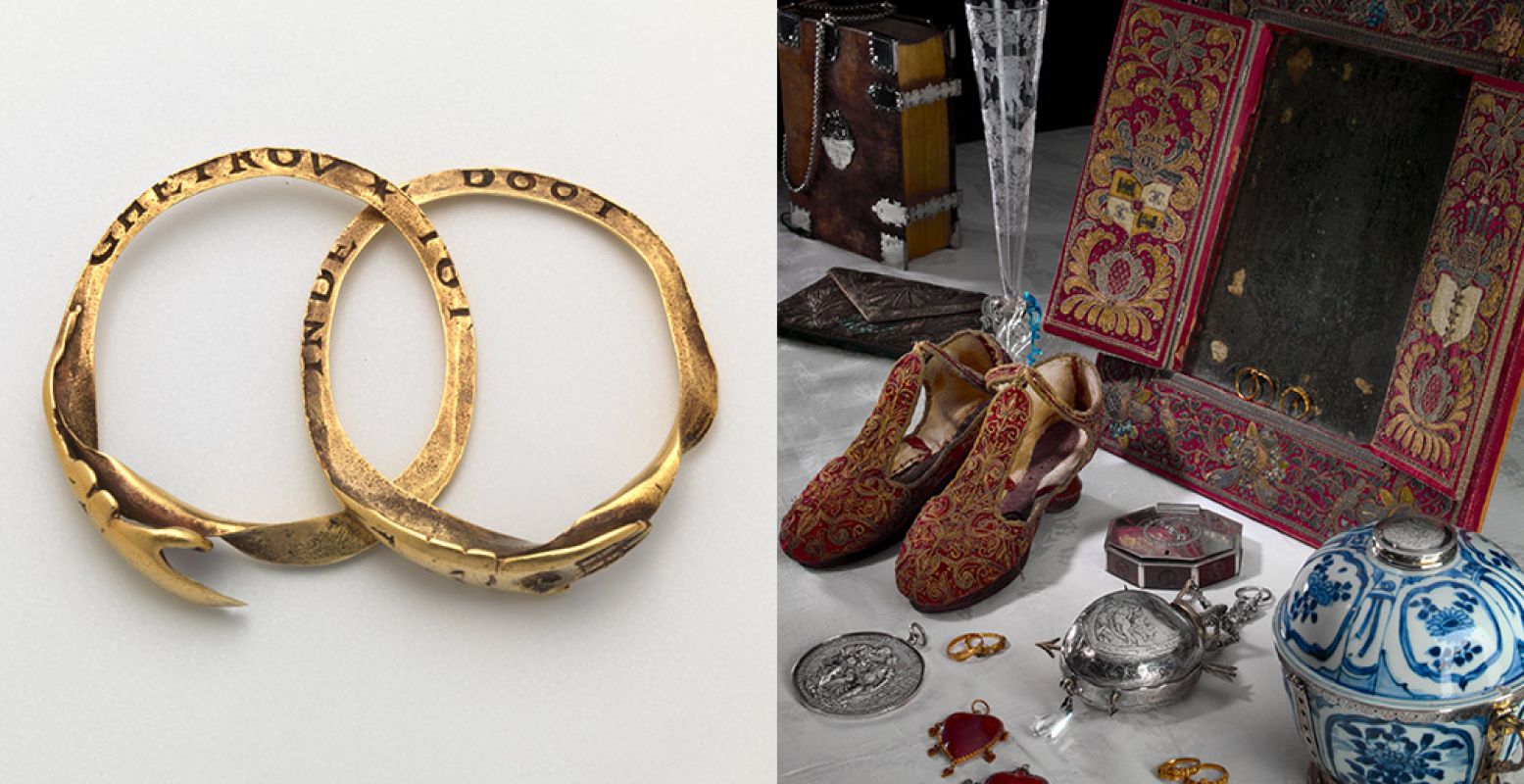 Links: Trouwring, 1580-1700, goud, email. Rechts: Zeventiende-eeuwse huwelijksgeschenken uit de collectie van het Fries Museum, Leeuwarden. Foto: Fries Museum.