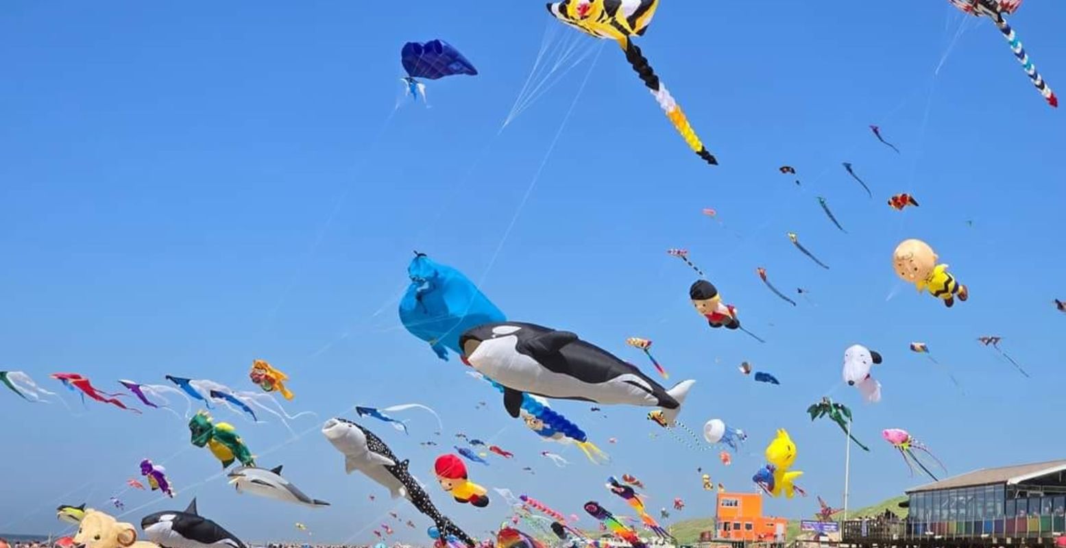 Bewonder de kleurrijke, grote eenlijns vliegers en neem je eigen vlieger mee. Foto: Vliegerfeest Callantsoog, Arie Martijn