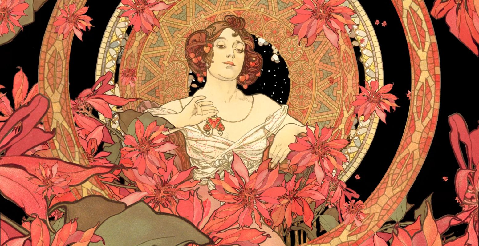 Still uit projectie naar werk van Alphonse Mucha, Grand Palais Immersif, Parijs. © Mucha Trust. Still uit projectie naar werk van Alphonse Mucha, Grand Palais Immersif, Parijs. © Mucha Trust.