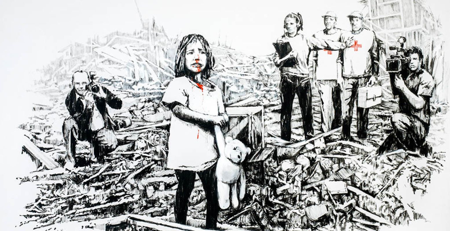 Het kunstwerk 'Media at War', door Banksy. Bron: THE ART OF BANKSY.