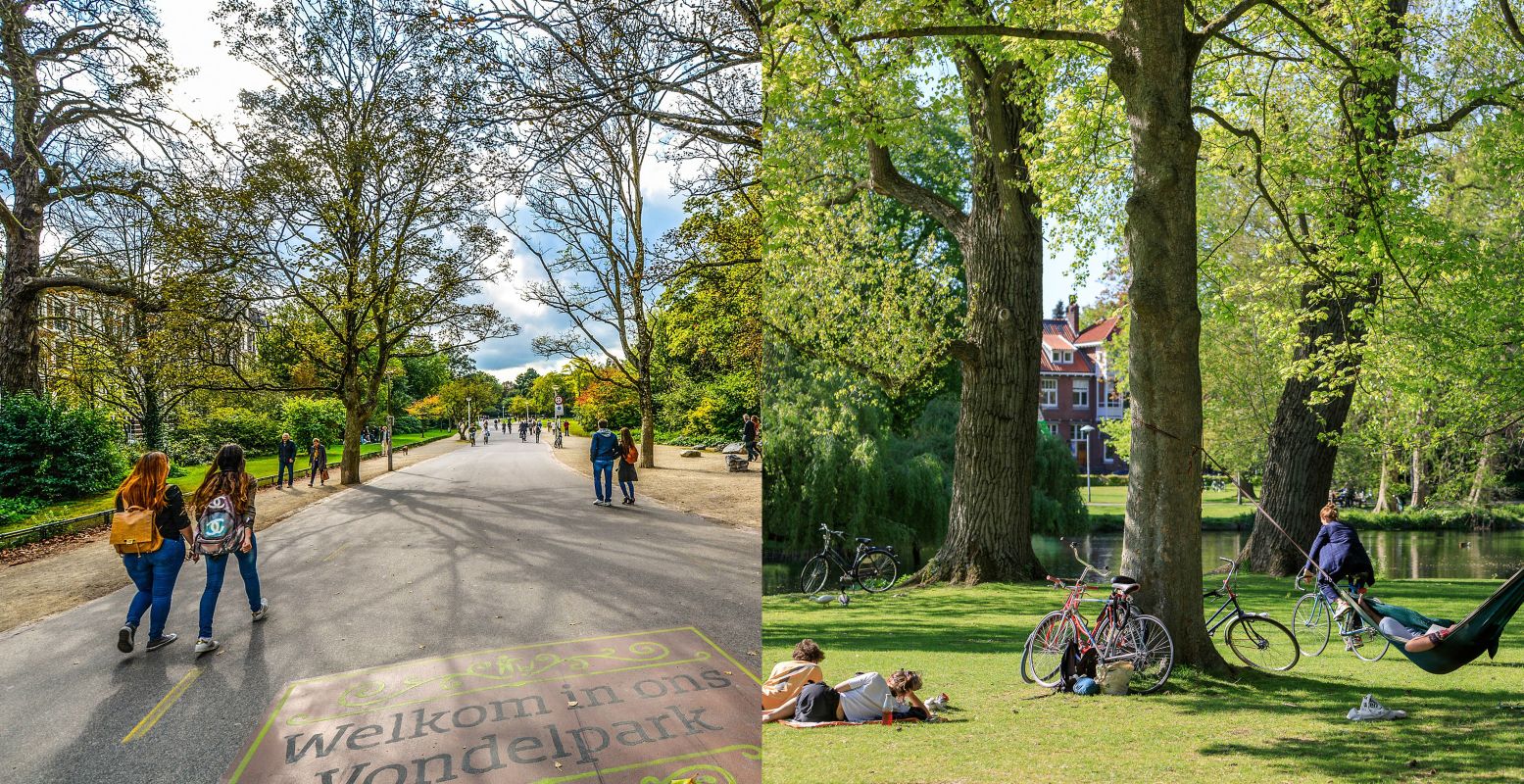 Het Vondelpark in Amsterdam (links) en het Wilhelminapark in Utrecht (rechts). Foto:  user32212  via  Pixabay  / Utrecht Marketing © Ruben Drenth