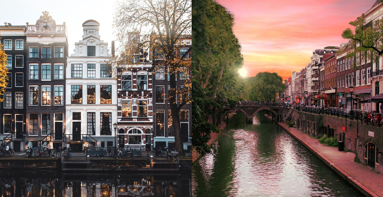 De grachten van Amsterdam (links) en Utrecht (rechts). Foto:  Matheo JBT  on  Unsplash  /  piccolomondo  via  Pixabay 