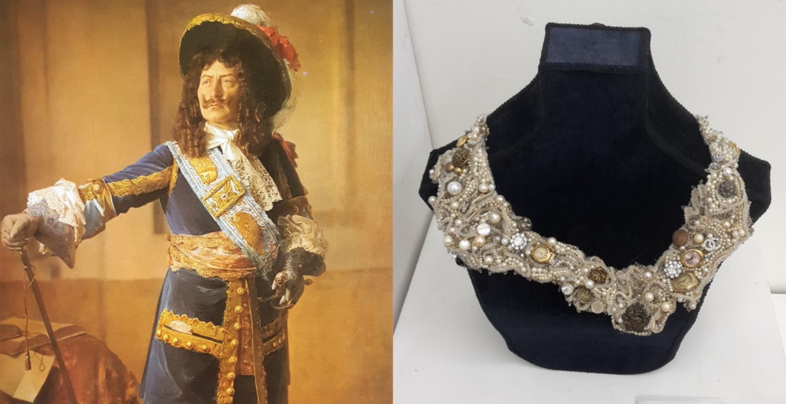 Links: Erwin Raupp, Wilhelm II verkleed als de Grote Keurvorst (1907). Foto uit de collectie van Museum Huis Doorn. Rechts: Een halsketting van gerecyclede sieraden. Foto: Trudie van Haaster.