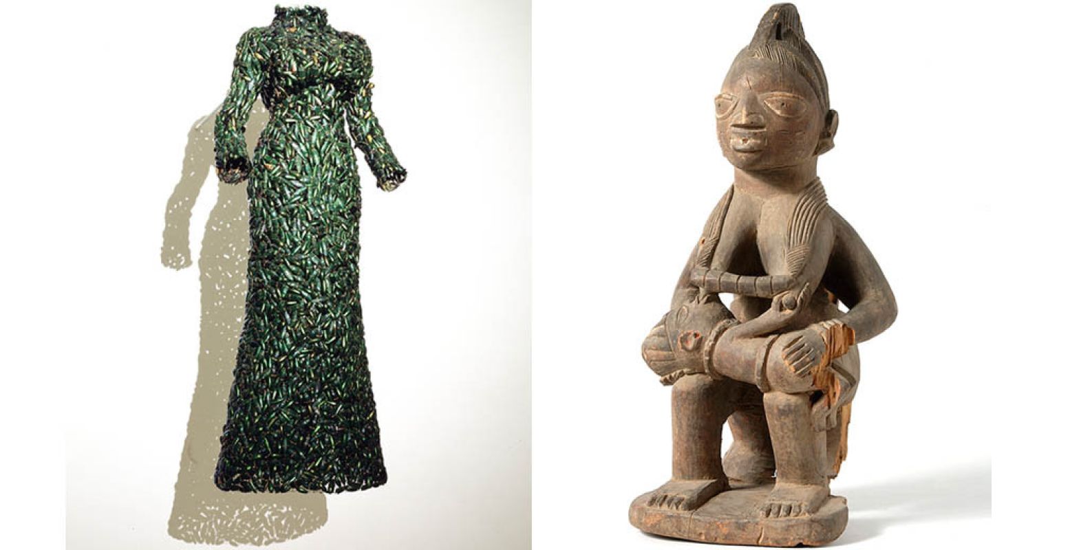 Links: Mur de la Montée des Agnes, Jan Fabre, 1993. Rechts: Vrouw met kind aan de borst, vermoedelijk de aard- en vruchtbaarheids godin Odudua, Nigeria, 1959, Stichting Nationaal Museum
van Wereldculturen.