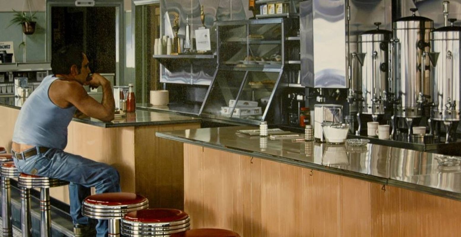 Het schilderij  Amsterdam Diner , gemaakt in 1980 door Ralph Goings en te zien in het Drents Museum. Foto: Courtesy of Louis K. & Susan P. Meisel, New York Courtesy: The estate of Ralph Goings