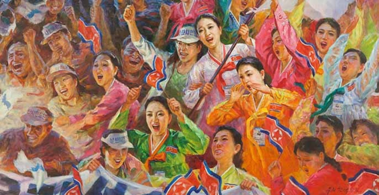 Rim My&#335;ng-il (Nampo City Art Studio), De echo van Pusan, 2003, olieverf op doek. Noord-Koreaanse cheerleaders tijdens Aziatische spelen in Pusan (Zuid-Korea), collectie Ronald de Groen