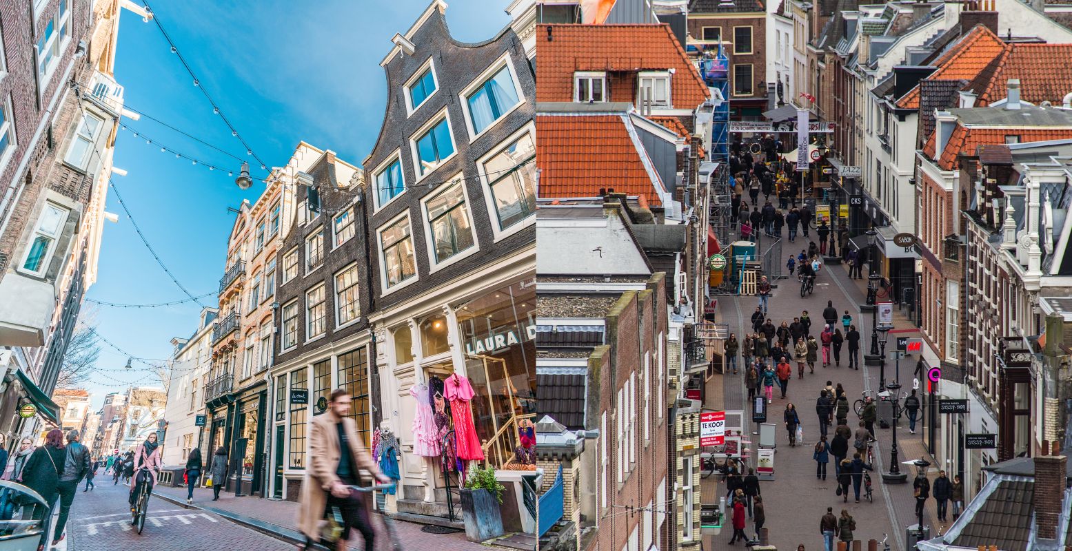 De Negen Straatjes in Amsterdam (links) en de Steenweg in Utrecht (rechts). Foto: amsterdam&partners © Koen Smilde /  Niek Verlaan  via  Pixabay 