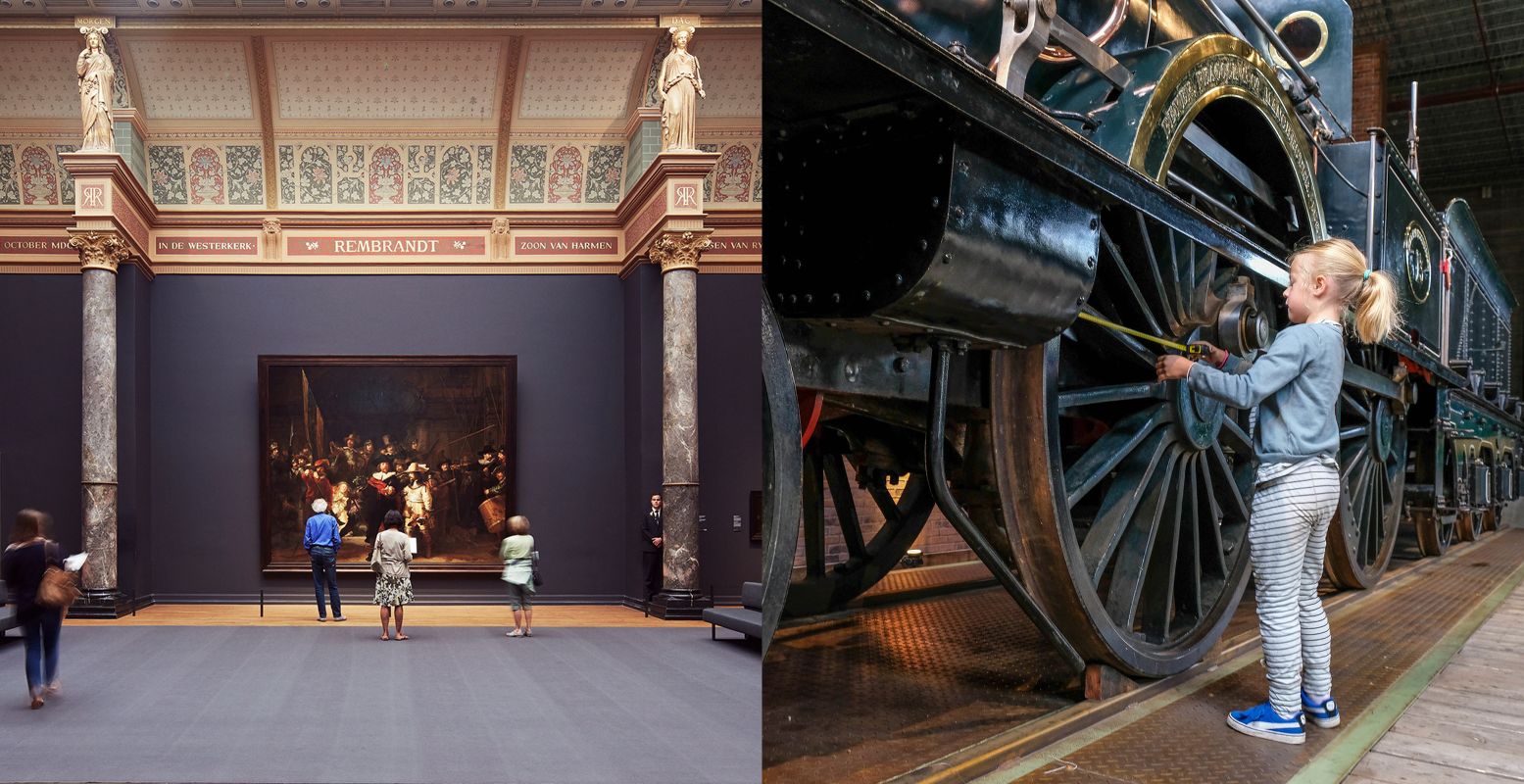Het Rijksmuseum in Amsterdam (links) en het Spoorwegmuseum in Utrecht (rechts). Foto: Rijksmuseum © Erik Smits / Spoorwegmuseum