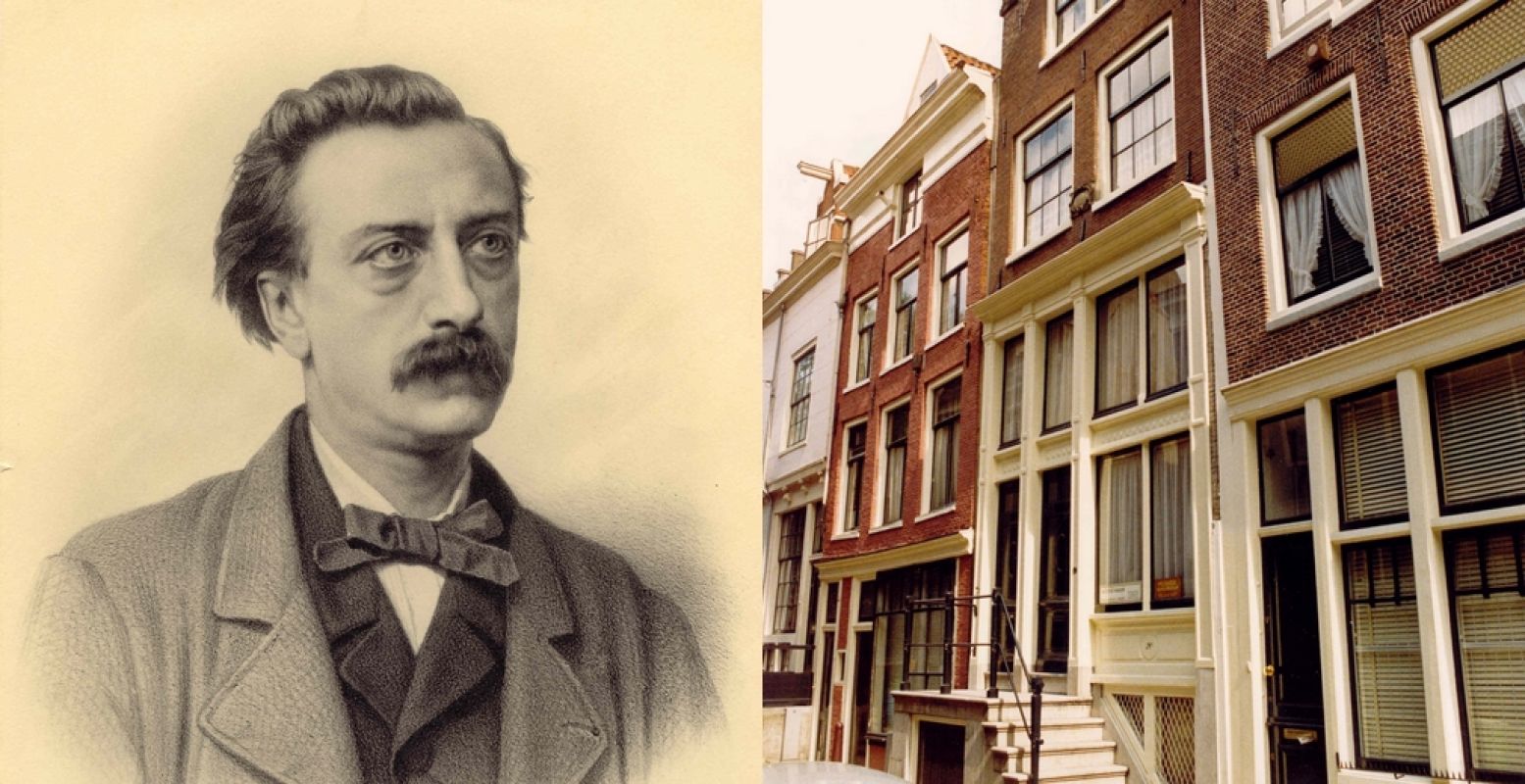 Links een portret van de schrijver Multatuli door César Mitkiewicz, 1864; bijgesneden voor DagjeWeg.NL. Foto: Multatuli Museum. Rechts: in het geboortehuis van Multatuli (met de trap) vind je nu het Multatuli Museum. Foto: Multatuli Museum