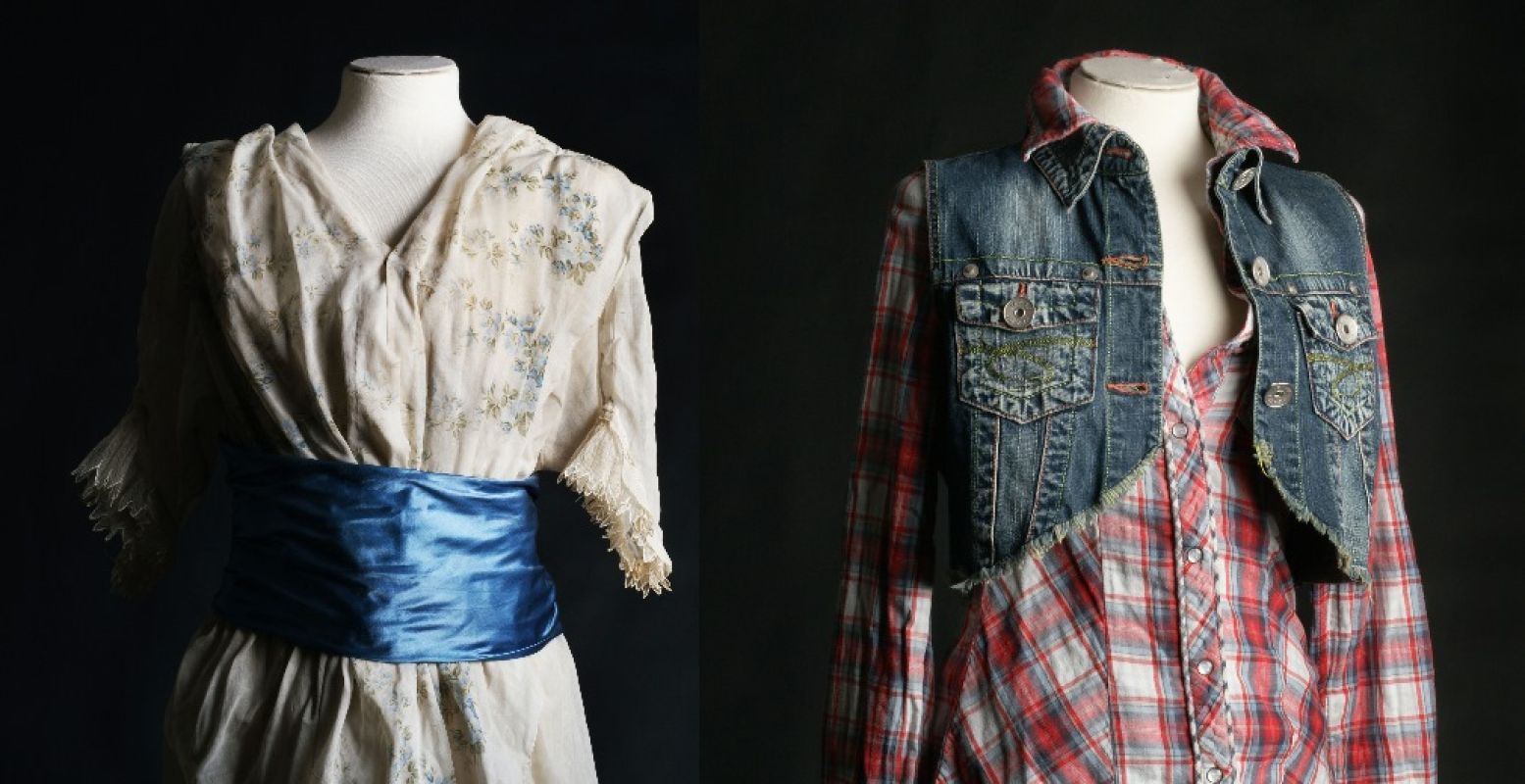 Links: 1900, Zomerjapon in droit devant model met satijnen ceintuur. Rechts: 2000, Spijkerrok met geruite blouse en spijker bolero. Foto: Lino Lithium