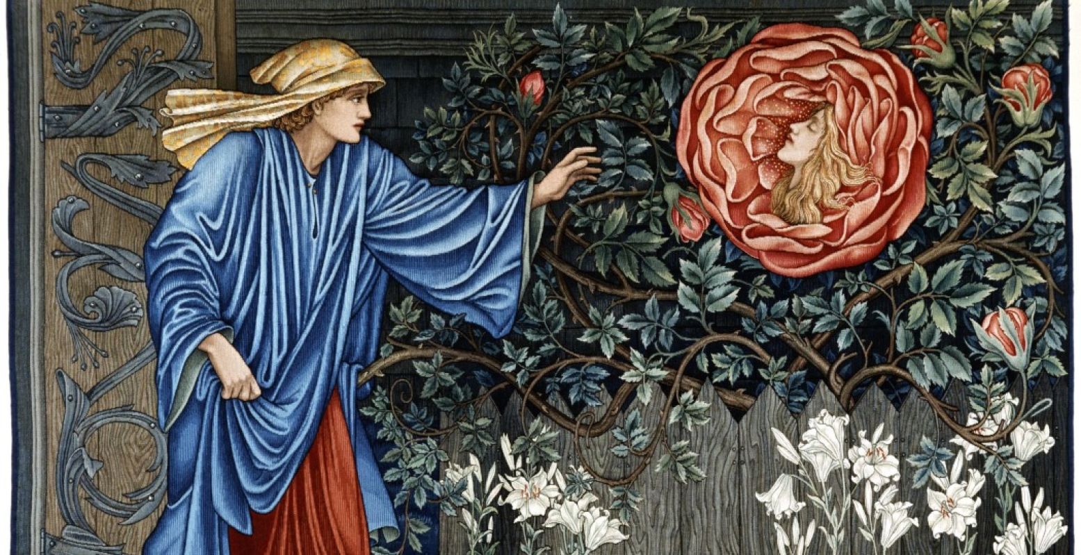 Wandkleed 'The Pilgrim in the Garden' naar ontwerp van Edward Burne-Jones, Merton Abbey, Badisches Landesmusem Karlsrue. Foto: Allard Pierson.