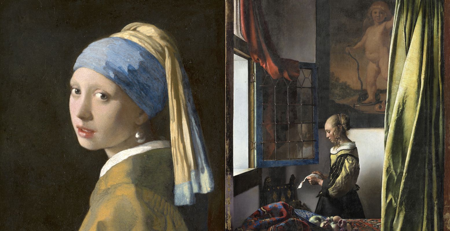 Links: Johannes Vermeer, Meisje met de parel, 1665. Foto: Mauritshuis, Den Haag. Rechts: Johannes Vermeer, Brieflezend meisje bij het venster, ca. 1657 - 1659. Foto: Gemäldegalerie Alte Meister, Dresden