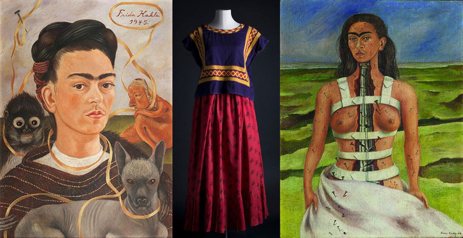 Van links naar rechts: Frida Kahlo, Zelfportret met aapje, 1945, Museo Dolores Olmedo | Katoenen 'Huipil' met kettingsteekborduurwerk en katoenen rok met gedrukte bloemmotieven van Frida Kahlo, Museo Frida Kahlo | Frida Kahlo, De gebroken zuil, 1944, Museo Dolores Olmedo. Foto: alle foto's via het Drents Museum