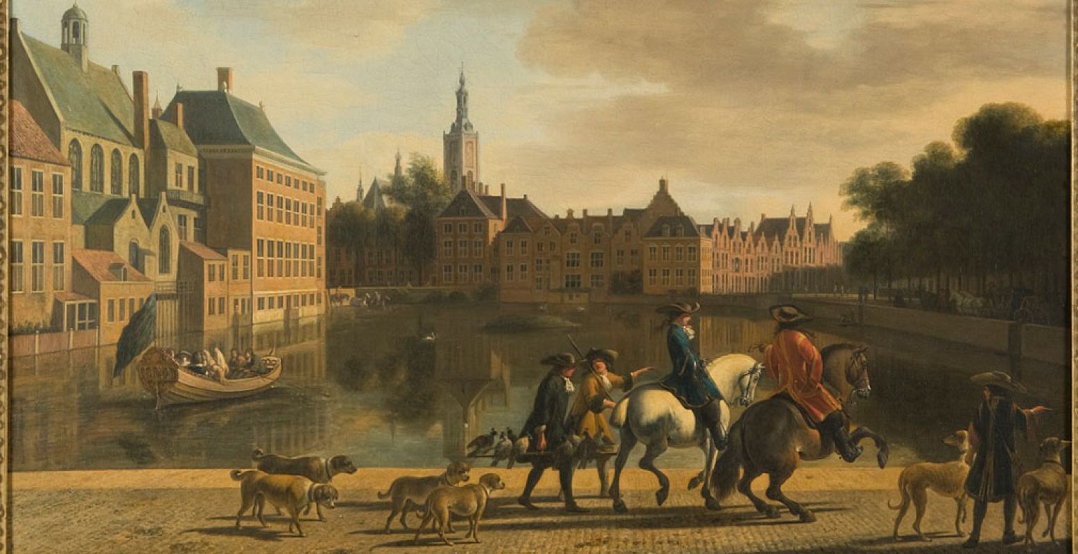 De Hofvijver gezien vanaf de Korte Vijverberg. Gerrit Berckheyde, 1692. Bijgesneden voor gebruik op DagjeWeg.NL. Foto: Collectie Haags Historisch Museum.