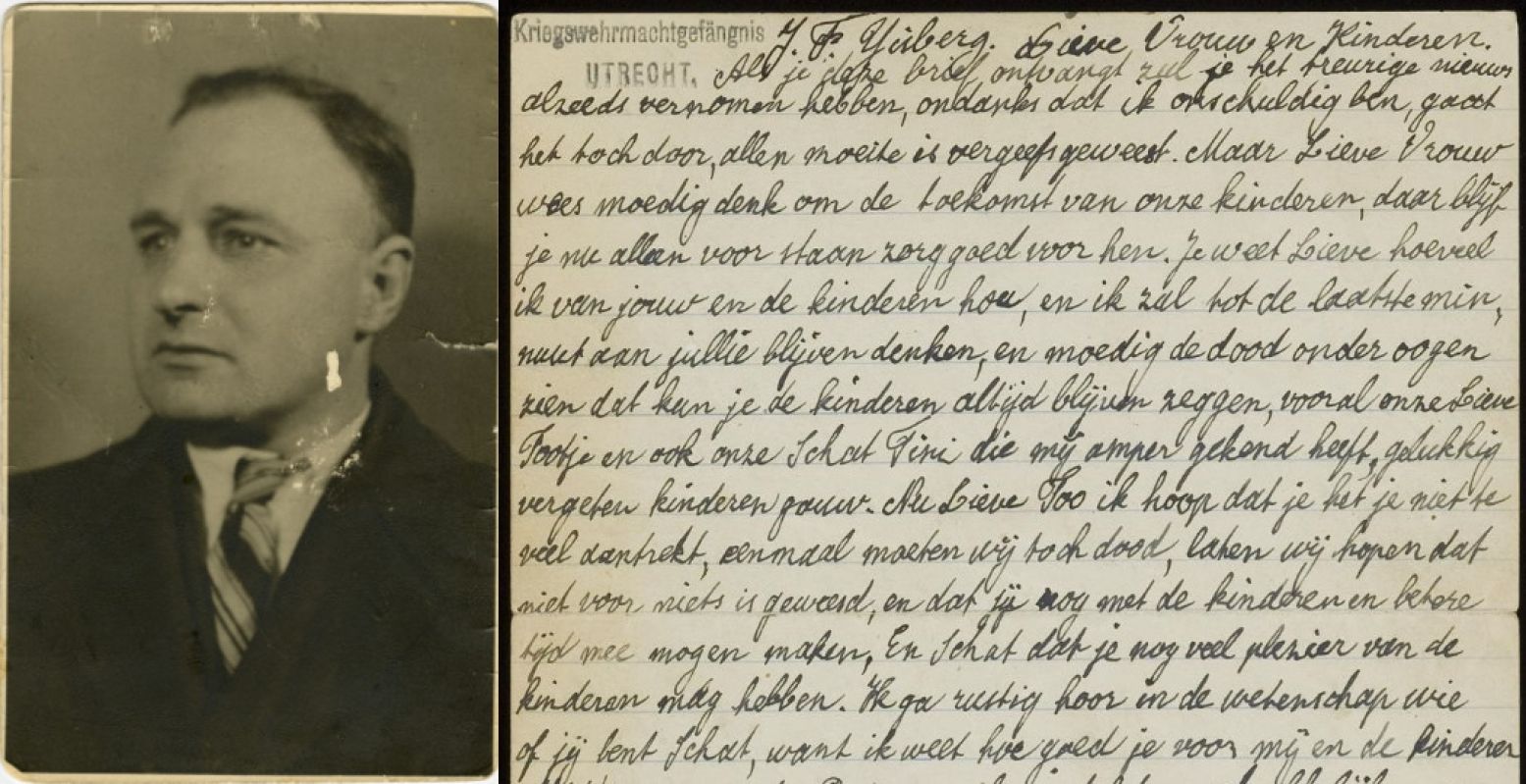 Pasfoto van Joop IJisberg (uit familiearchief) en zijn afscheidsbrief. Foto: Verzetsmuseum Amsterdam