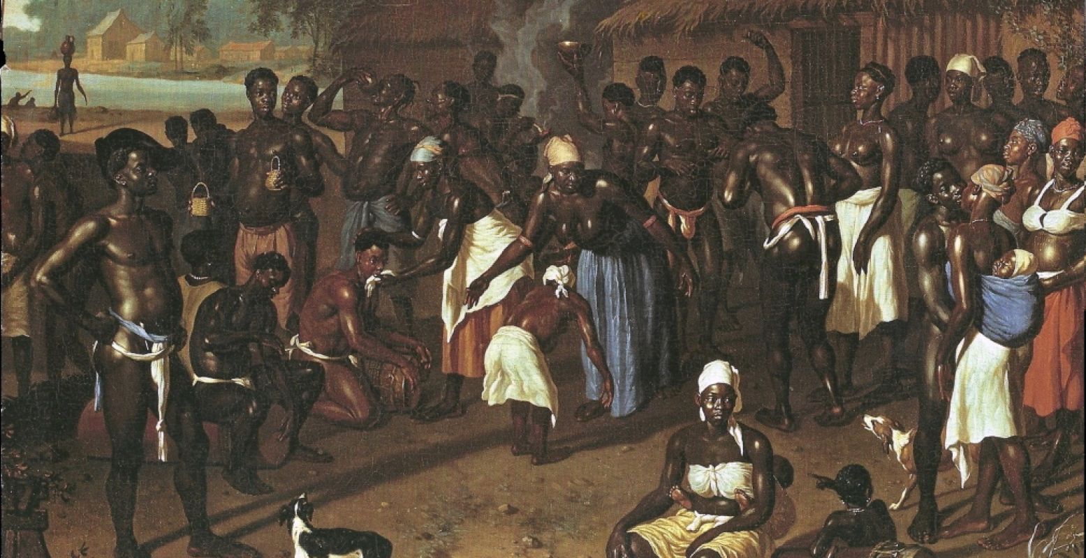 Uitsnede van het schilderij Slavendans, D. Valkenburg. Dirk Valkenburg, Ritueel van slaafgemaakten op een suikerplantage in Suriname, 1707. Olieverf op doek. Statens Museum for Kunst, Kopenhagen. Foto: De Nieuwe Kerk in Amsterdam.