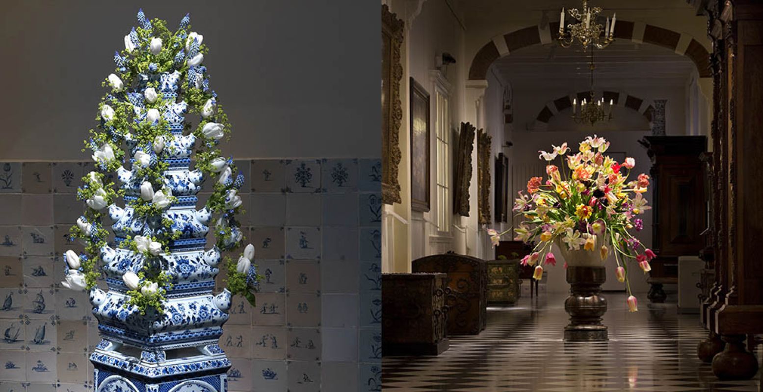 Het Frans Hals Museum in Haarlem is bezaaid met prachtige bloemstukken en bijzondere vazen. Links: Gert Jan van Rooij. Rechts: Inga Powilleit.