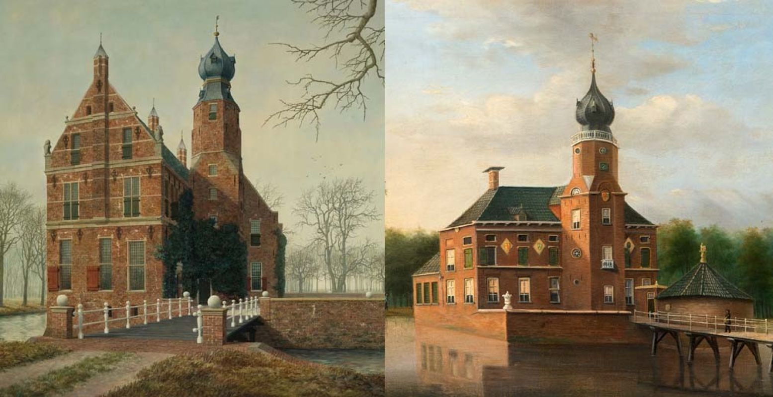 Links: Henk Helmantel, 1976, Hanckemaborg bij Zuidhorn. Foto Art Revisited. Rechts: J. Stommer, De borg Ewsum te Middelstum 
Olieverf op doek, 1800 â€“ 1900. Legaat J. A. Scholten-Lewe, 1940. Bron: Groninger Museum