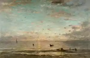 Licht, Lucht, Water Fotobeschrijving: Hendrik Willem Mesdag, Garnalenvissers bij ondergaande zon, 1910, olieverf op doek