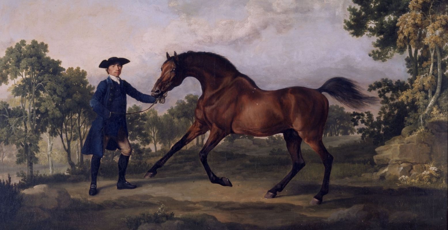 George Stubbs: Blank, de bruine hengst van de Duke of Ancaster, begeleid door Old Parnam, c.1761, doek, 100,4 x 125,8 cm. The Trustees of the Grimsthorpe & Drummond Castle Trust Limited. Bijgesneden voor DagjeWeg.NL. Foto: via het Mauritshuis