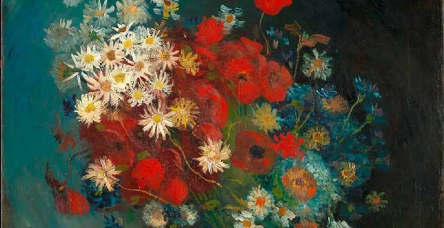Stilleven met akkerbloemen en rozen, het overgeschilderde schilderij, door Vincent van Gogh