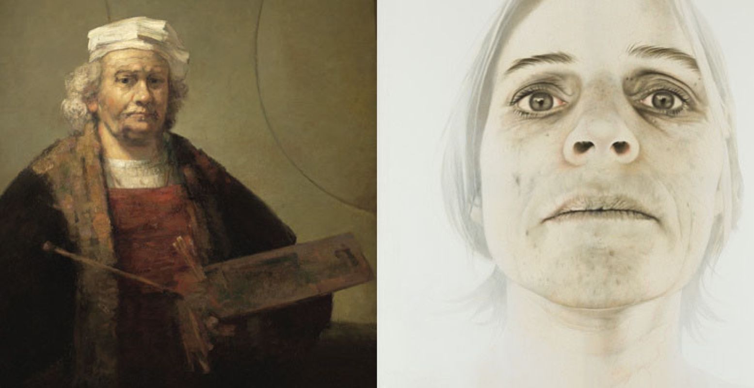 Links: Henk Helmantel - Geschilderde kopie van Rembrandts zelfportret uit 1665, 1993. Olieverf op doek. Rechts: Annemarie Busschers - Zelfportret, 2010.