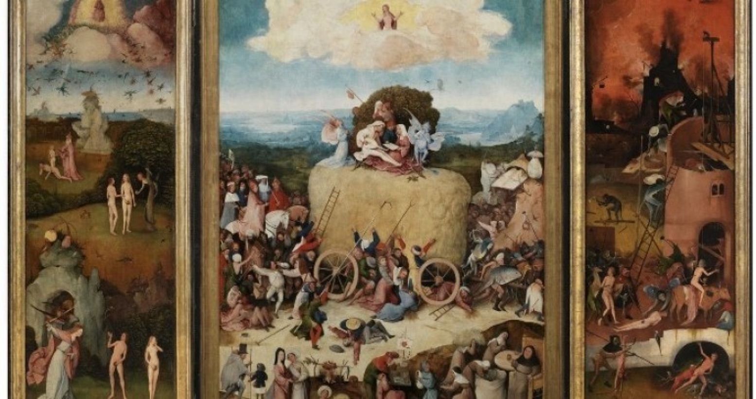 Jheronimus Bosch, Hooiwagen-triptiek (geopend), ca.1515. Paneel, 133 x 100 cm (middenpaneel), 147 x 56 cm (zijpanelen). Collectie: Madrid, Museo Nacional del Prado.
