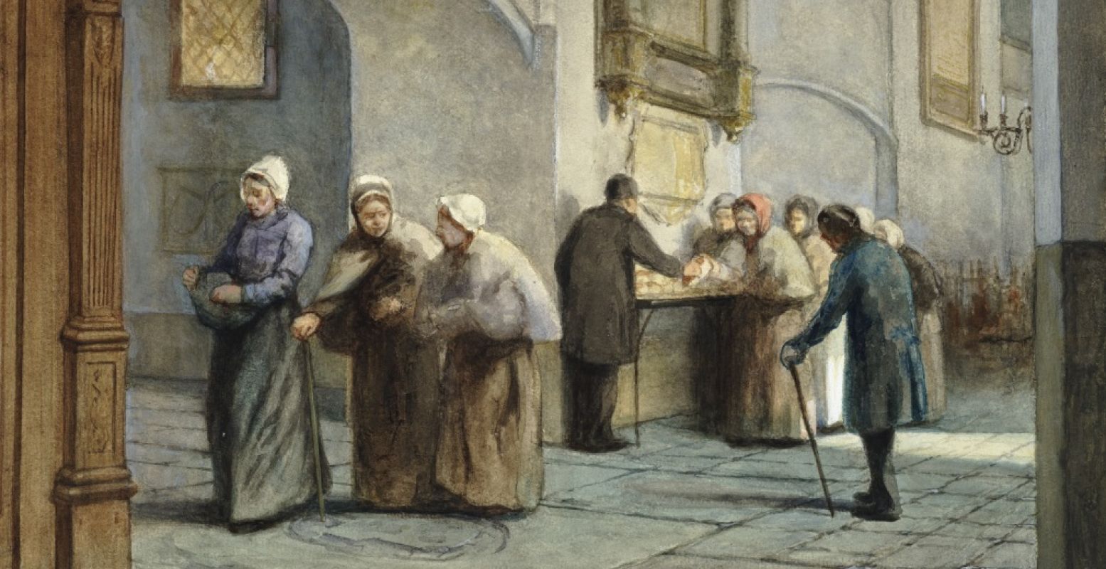 Uitdeling van brood aan de armen in de Buurkerk te Utrecht. Foto: Museum Speelklok, Jozef Hoevenaar, ca. 1880, Acquarel, Utrechts Archief.