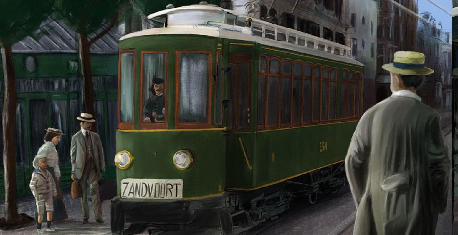 Het Spui Amsterdam in 1904: startpunt van de tram naar Zandvoort. Gekropt voor DagjeWeg.NL. Foto: schilderij van Stefan de Groot