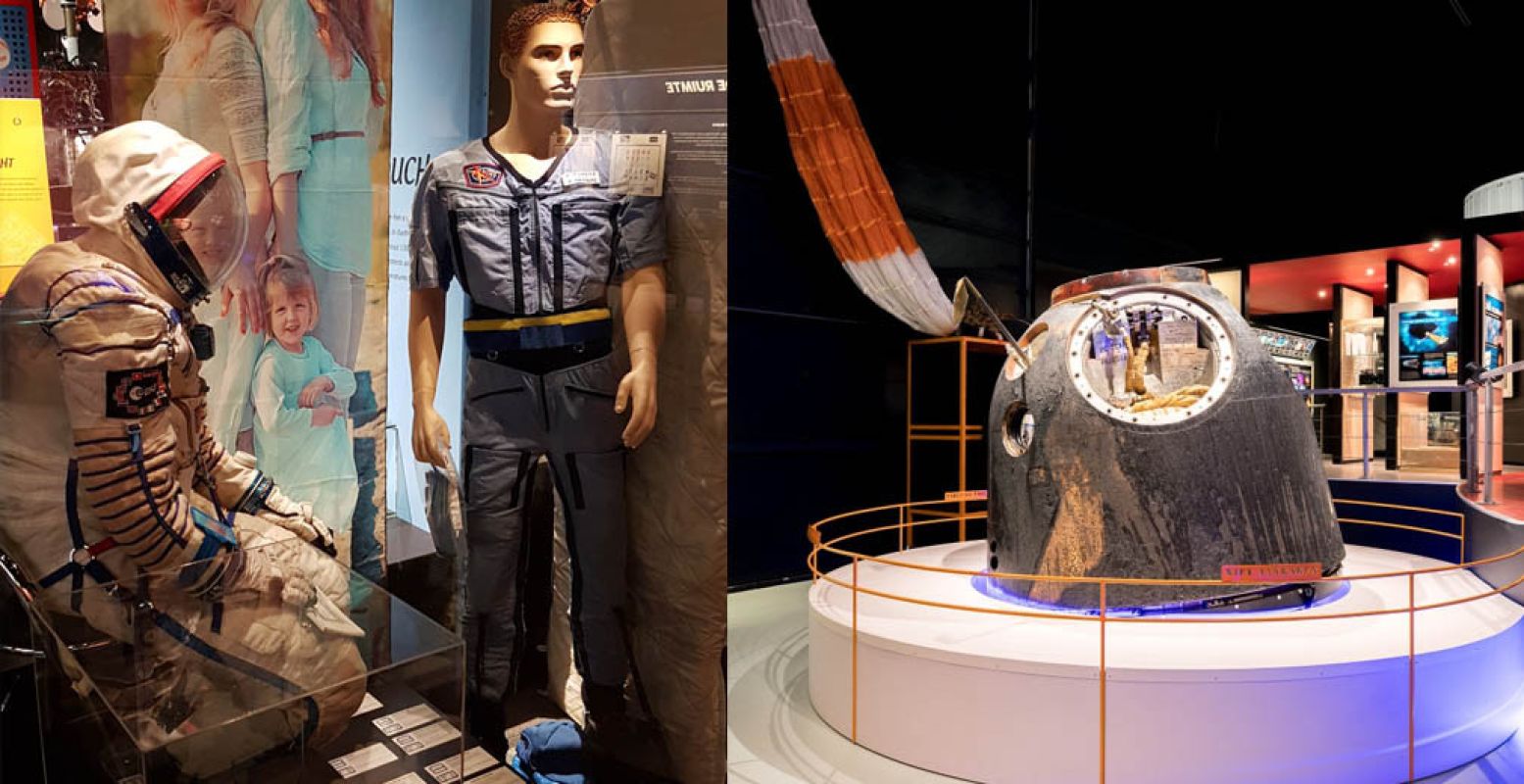 Voorwerpen die in de ruimte zijn geweest, inclusief de Soyuz-capsule van André Kuipers. Foto: Space Expo