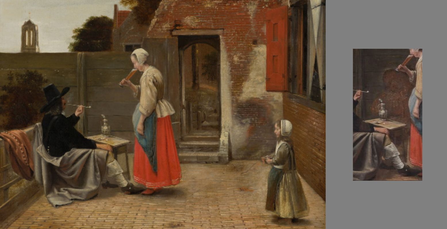 Pieter de Hooch (1629-1684), Een binnenplaats met een rokende man en een drinkende vrouw, c.1658-1660, Doek, 78 x 65 cm. Schenking van de heer en mevrouw Ten Cate-van Wulfften Palthe, 1947. In restauratie, gestart 2020. Foto: Mauritshuis
