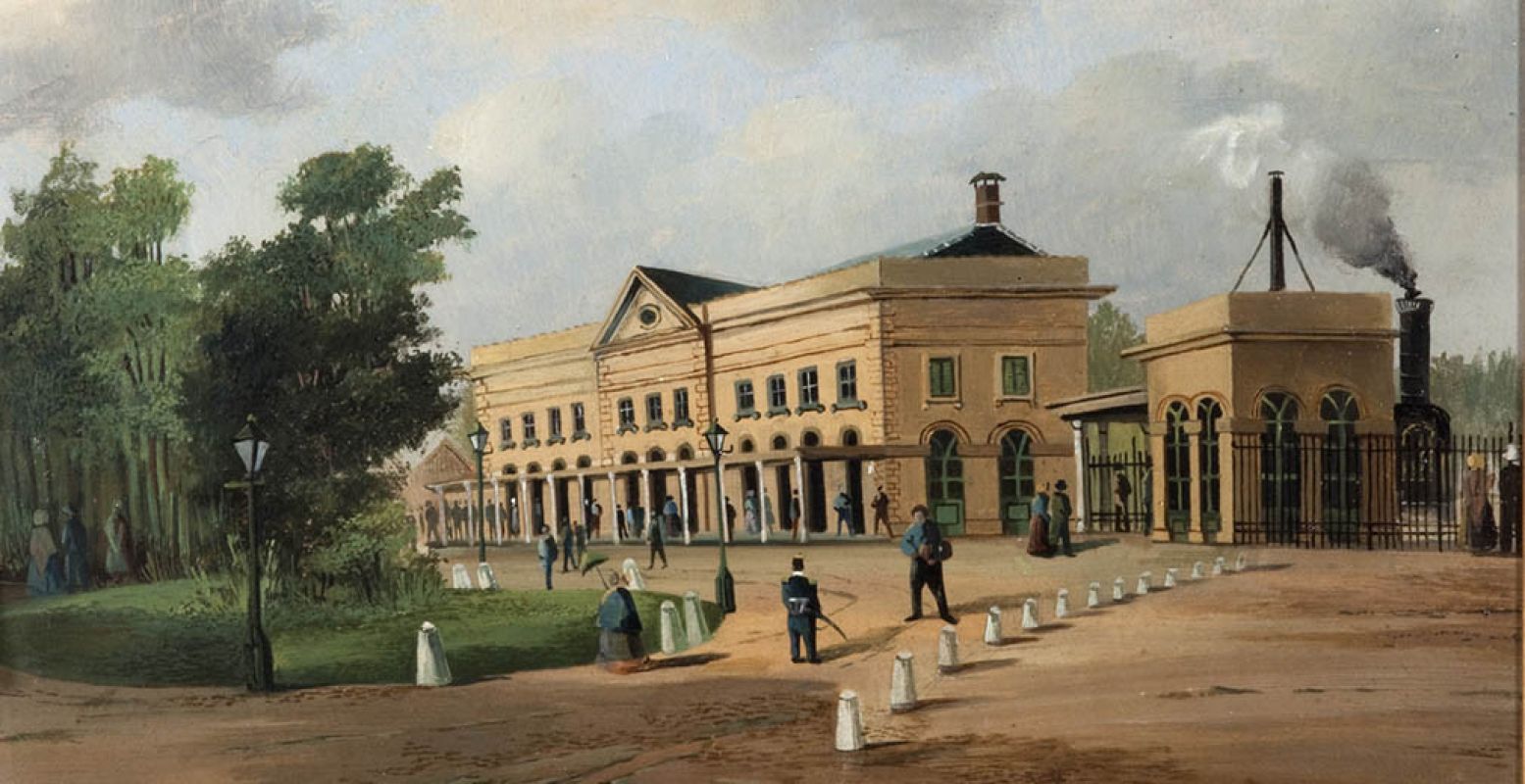 Een impressie van Utrecht Centraal, héél lang geleden: het station in 1845. Bron: Het Spoorwegmuseum.
