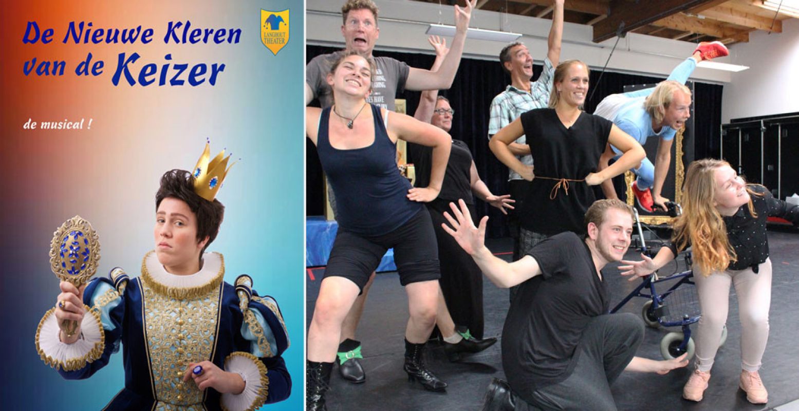 De cast maakt een vrolijke voorstelling van De Nieuwe Kleren van de Keizer. Foto: Langhout Theaterproducties