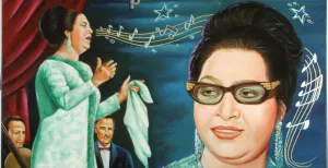 Vrouwen in de spotlight! Umm Kulthum raakte met haar muziek de harten van miljoenen mensen. Foto: Portret van Umm Kulthum. Caïro, Egypte 2005. Schilderij door Mohammed Khamis