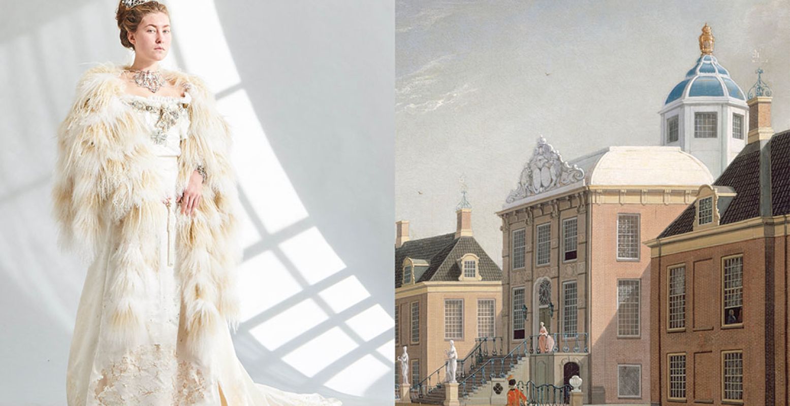 Het kostuum van Yulia Hmarnaia, student Koninklijke Academie van Beeldende Kunsten, met als muze het nog nooit eerder in het openbaar vertoonde schilderij van Paleis Huis ten Bosch door Jan ten Compe. Foto: Masterly The Hague.