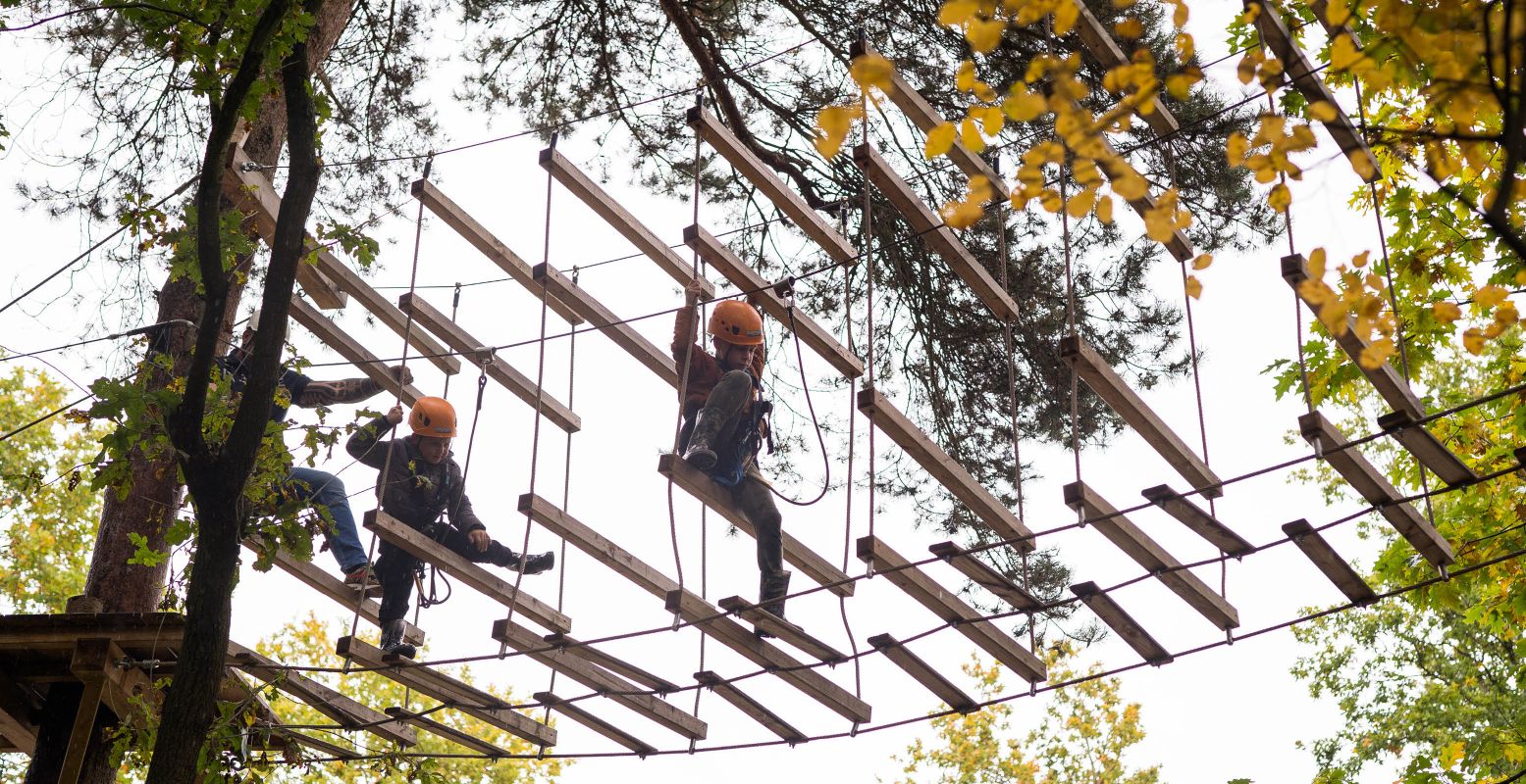 Overal kom je spannende obstakels tegen, zoals een stukje klimmuur hoog in de lucht. Foto: Klimbos Harderwijk