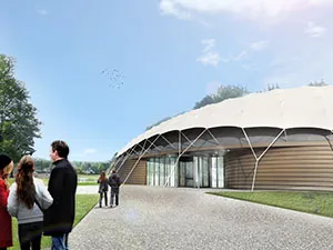 Het duurzame gebouw lijkt op een parachute. Foto: Shaded Dome Technologies