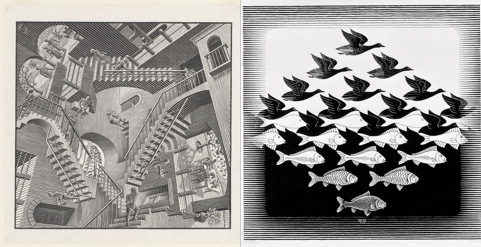 Links: M.C. Escher, Relativiteit, 1953, houtsnede. Collectie Kunstmuseum Den Haag. Foto: © The M.C. Escher Company â€“ Baarn â€“ Holland. All rights reserved. www.mcescher.com. Rechts: M.C. Escher, Lucht en water I, 1938, houtsnede. Collectie Kunstmuseum Den Haag. © The M.C. Escher Company â€“ Baarn â€“ Holland. All rights reserved. www.mcescher.com