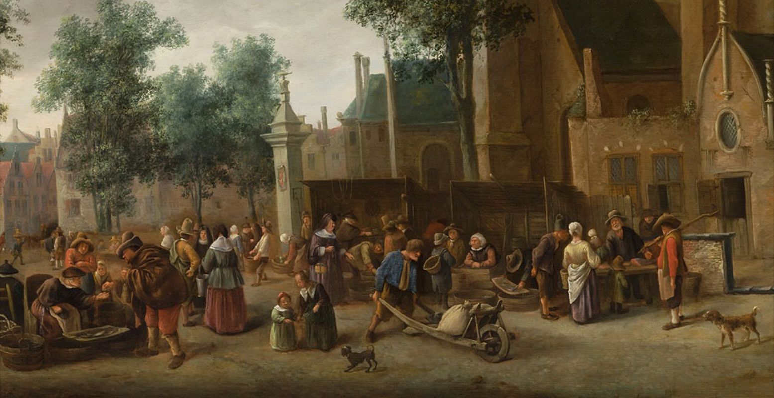 De Riviersvismarkt in Den Haag gezien naar het Westeinde, Jan Steen, ca. 1652. Bijgesneden voor gebruik op DagjeWeg.NL. Foto: Collectie Haags Historisch Museum.