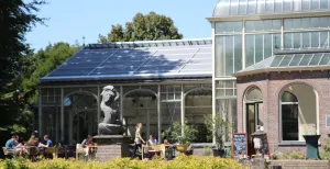 Wintertuin Experience: botanische theetuin in hartje Baarn Het terras voor de kas, een geliefde plek voor een drankje in Baarn. Foto: DagjeWeg.NL, Coby Boschma.