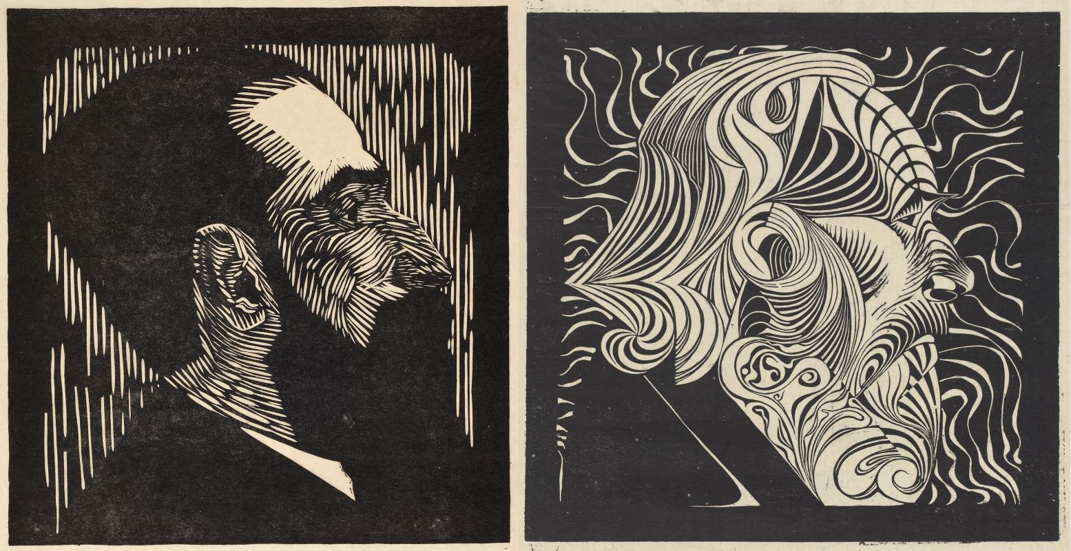 Links: Samuel Jessurun de Mesquita, Portret van Piet Vorkink, 1919. Foto: Collectie Kunstmuseum Den Haag. Rechts: Maurits Cornelis Escher, Mansportret, 1920. Collectie Kunstmuseum Den Haag. Foto: © The M.C. Escher Company â€“ Baarn â€“ Holland. All rights reserved.Â www.mcescher.com