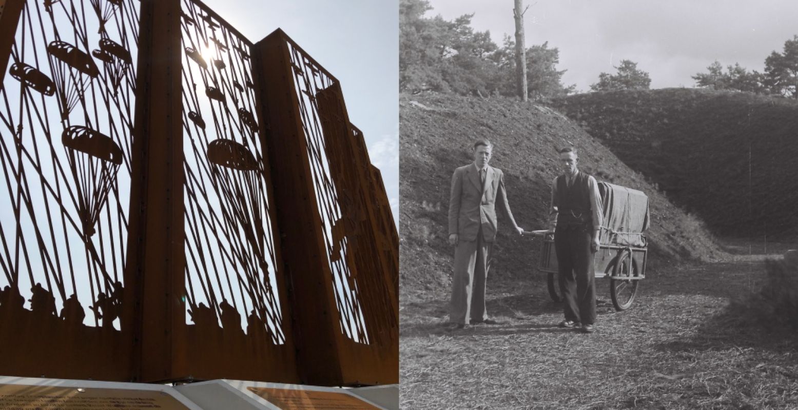 Links: Het Airborne-monument op de Ginkelse Hei bij Ede, Vensters op het Verleden. Foto: Bezoek Ede. Rechts: Het verplaatsen van de kunstcollectie naar de schuilkelder van Kröller-Müller, in 1940. Foto: archief Kröller-Müller Museum.
