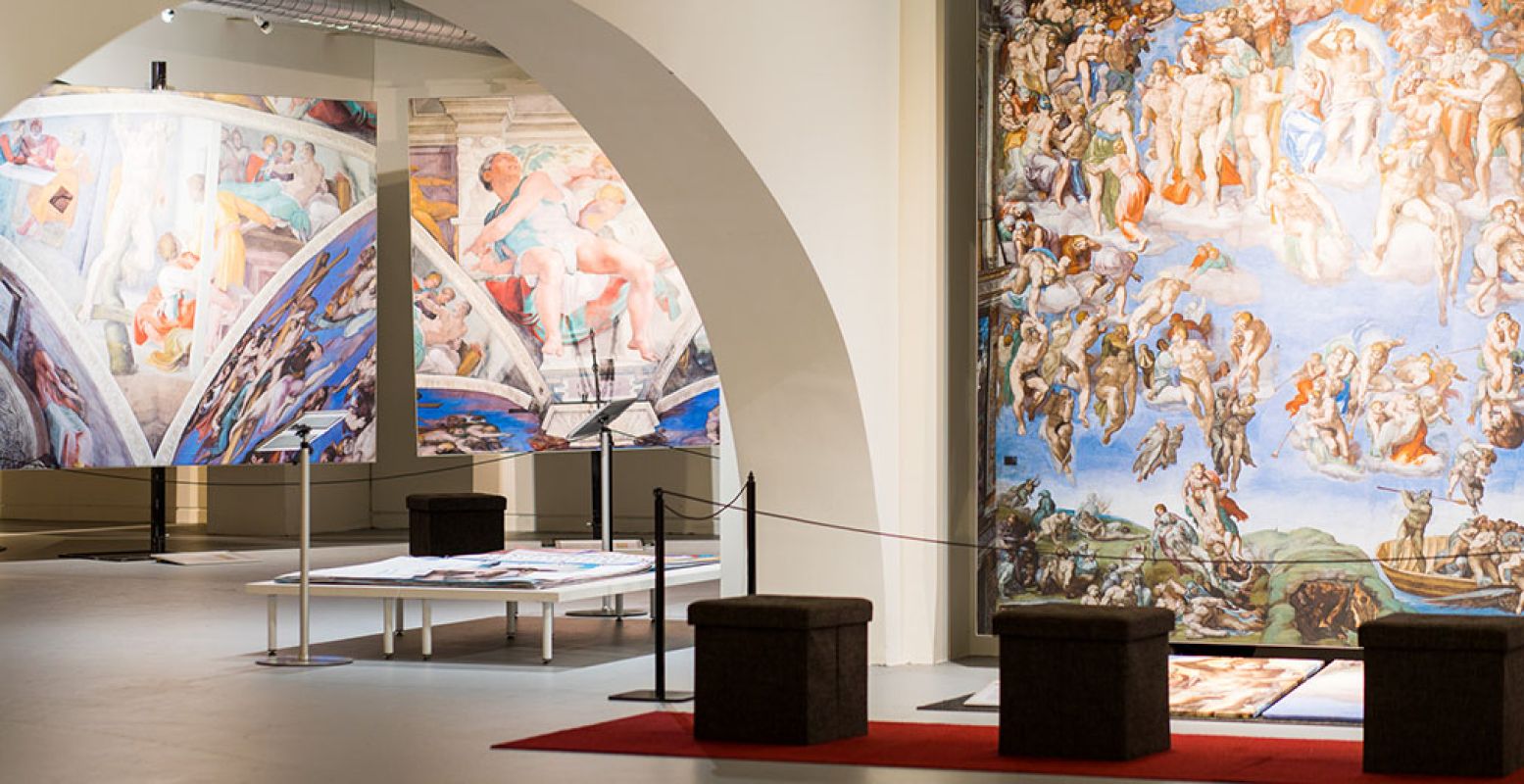 Ook 'Het Laatste Oordeel', dat Michelangelo schilderde op de achterwand van de Sixtijnse Kapel, vind je op de expositie. Een deel ervan zie je rechts op de foto. Foto:  Beurs van Berlage